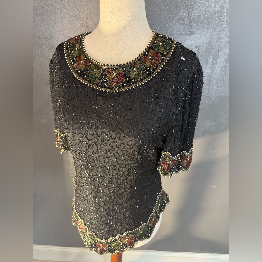 Embellished Black Beaded Short-Sleeve Top with Floral Trim